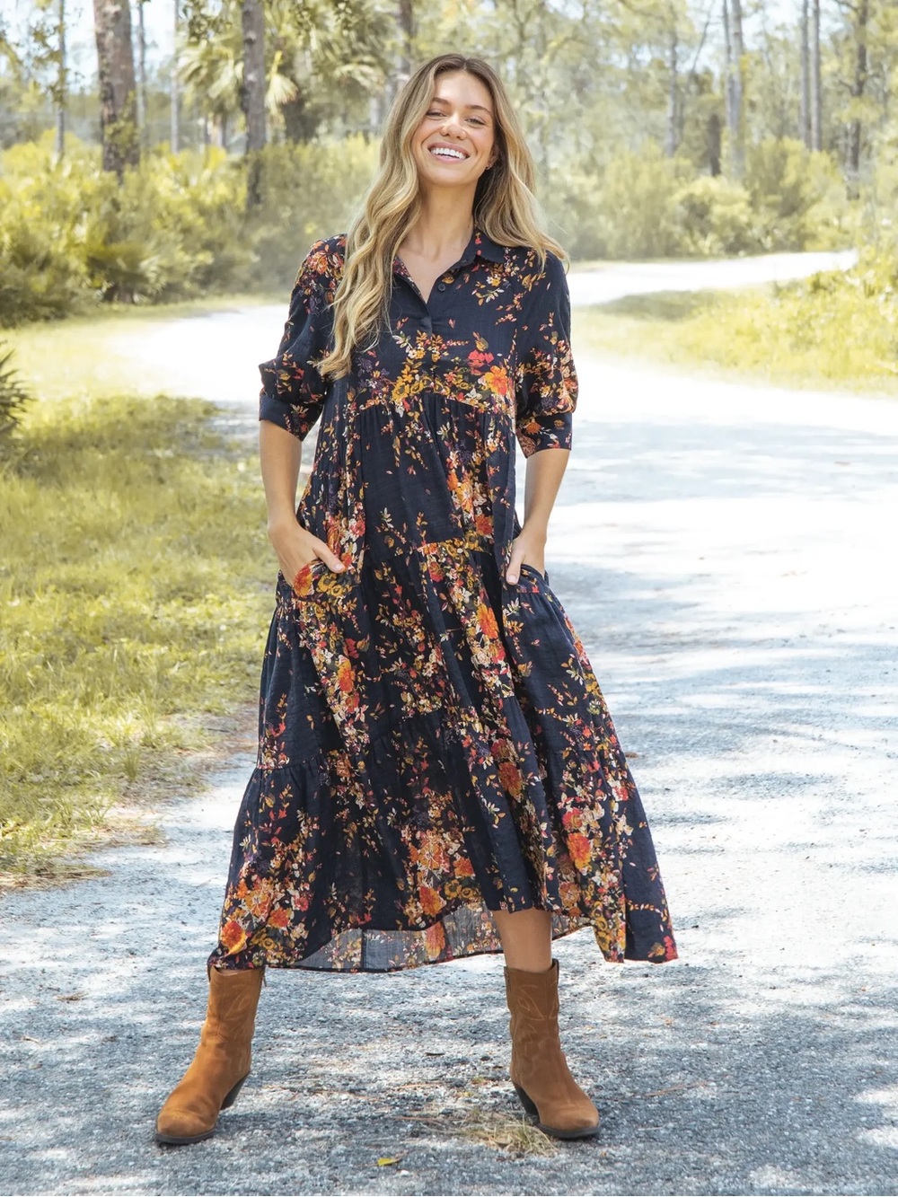 Natural Life Rebecca Midi Dress Navy Floral Tiered Collared Pockets Size M